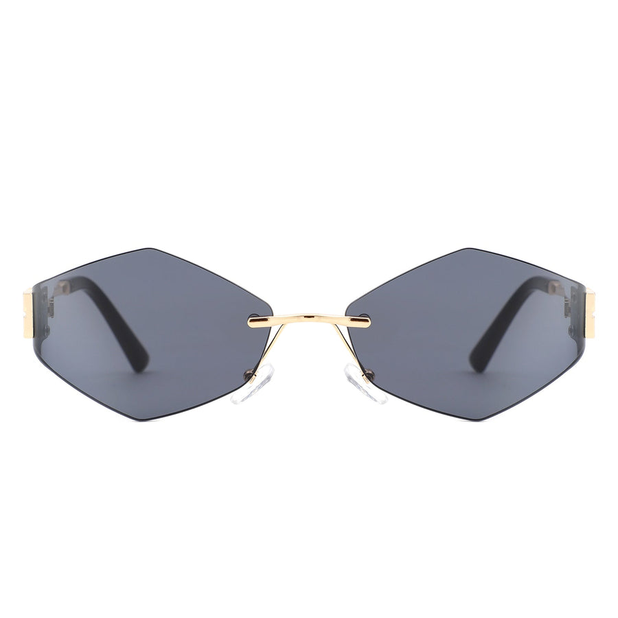 Luxury Geometric Rimless Sunglasses – Unisex Fashion Eyewear with Gold Temples & Dark Lenses acchi writing mein title likh do