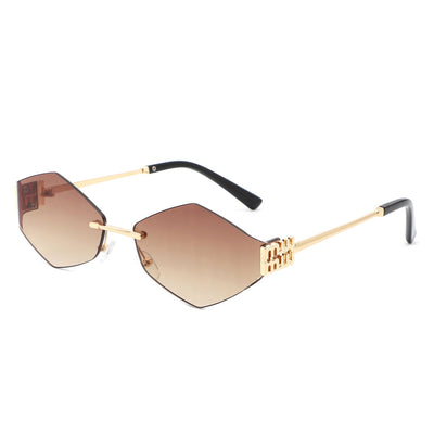 Luxury Geometric Rimless Sunglasses – Unisex Fashion Eyewear with Gold Temples & Dark Lenses acchi writing mein title likh do