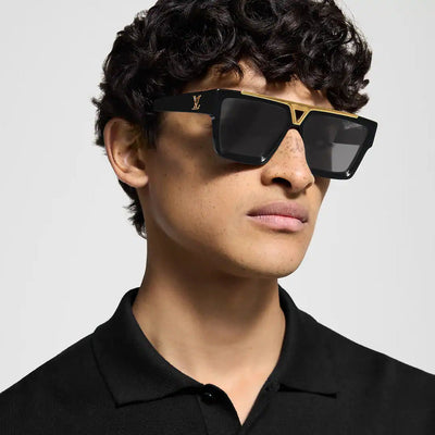 "Luxury LV Gold Accent Square Sunglasses – Bold Black Frame | Unisex For Male And Female Eyewear"