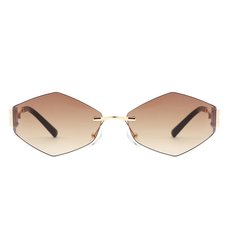 Luxury Geometric Rimless Sunglasses – Unisex Fashion Eyewear with Gold Temples & Dark Lenses acchi writing mein title likh do