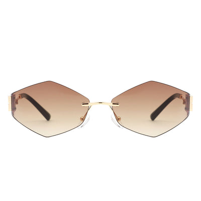 Luxury Geometric Rimless Sunglasses – Unisex Fashion Eyewear with Gold Temples & Dark Lenses acchi writing mein title likh do