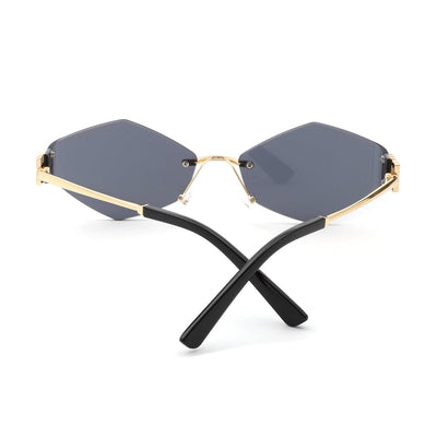 Luxury Geometric Rimless Sunglasses – Unisex Fashion Eyewear with Gold Temples & Dark Lenses acchi writing mein title likh do